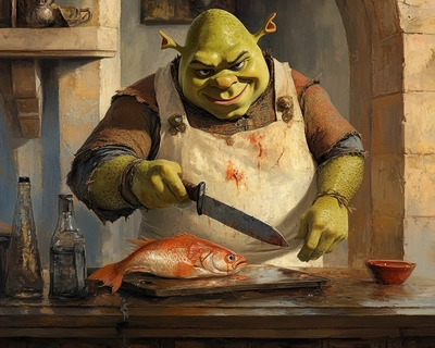 shrek chopping a fish with a knife 