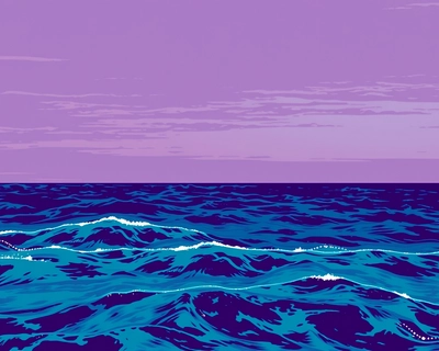 an ocean seascape, pop art style, bold colors, graphic design, Andy Warhol inspired, high contrast, highly detailed, rich textures, intricate details, pop art style, bold colors, graphic design, Andy Warhol inspired, high contrast, cool color palette, blues purples and teals, highly detailed, rich textures, intricate details