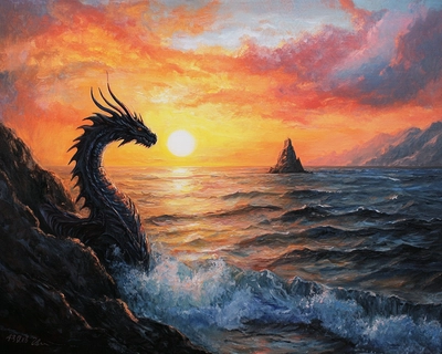 black dragon, oil painting, realistic, sea, horizon view, sunset, pointy islands
