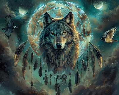 A highly detailed, Eastern Forest Wolf, with a translucent background Native American medicine wheel, detailed, single feathers of eagle, hawk, crow and owl in full moonlight 