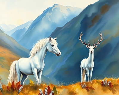 White unicorn and stag in Scottish glen, oil painting style, rich thick brushstrokes, classical fine art, museum quality oil on canvas, vibrant bright lighting, saturated vivid colors, highly detailed, rich textures, intricate details, impressionist painting style, visible brushstrokes, light and color emphasis, Monet-inspired, vibrant bright lighting, saturated vivid colors, highly detailed, rich textures, intricate details, watercolor painting style, soft flowing colors, delicate brushstrokes, artistic watercolor technique, natural daylight, clear and balanced lighting, highly detailed, rich textures, intricate details