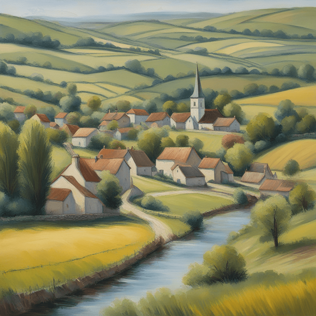 a picture of a small village in the countryside, painted in a traditional impressionist style with a wide angle lens and 4K resolution. The painting features a rural landscape with rolling hills, a small river, and a village in the distance with a church steeple.