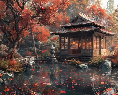 A serene Japanese garden in the heart of autumn, with vibrant red and orange maple leaves gently falling around a traditional wooden tea house. The scene is captured in the style of Katsushika Hokusai, with intricate details and a harmonious color palette. The image is taken with a wide-angle lens to encompass the tranquil pond, stone lanterns, and a gracefully arched wooden bridge in the background.