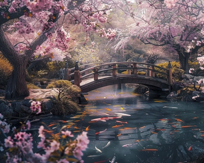 A serene Japanese garden in spring, featuring a traditional wooden bridge over a koi pond surrounded by cherry blossom trees in full bloom. The scene is captured in the style of Studio Ghibli, with soft, whimsical colors and intricate details. The perspective is a wide-angle shot, taken with a 24mm lens to emphasize the lush landscape and tranquil atmosphere.