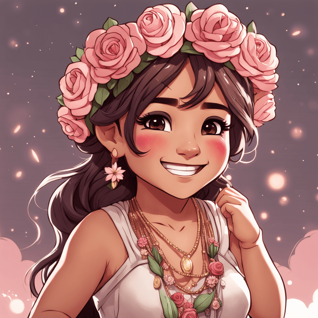  A candid photo of a chibi Latina Tatiana in rosa tones, smiling and laughing. She is wearing a flower crown on her head, and her eyes are sparkling.