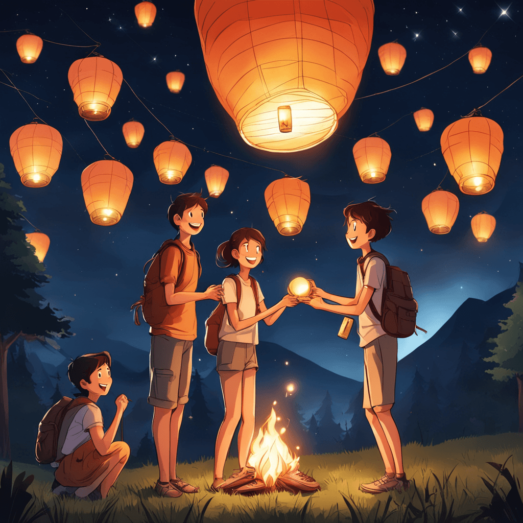 a picture of a camping atmosphere that has bright shining elements, there are groups of young men and women who look like a family, gathered to fly lanterns at night