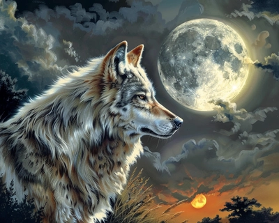 A 26 piece puzzle of a highly detailed eastern forest wolf under a full moon 