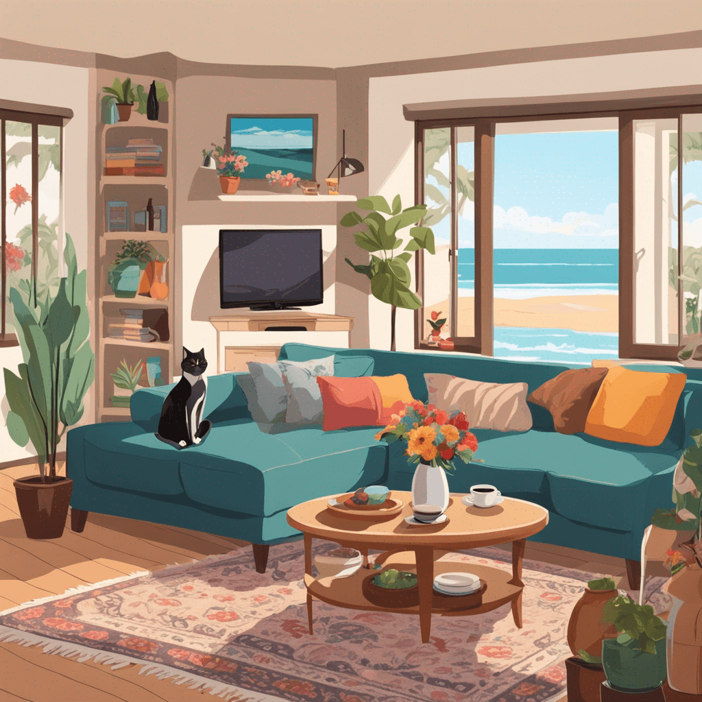 In the living room, there's a big, comfy sofa. The TV is in front of the sofa, and there's a coffee table in the middle. On the table, there's a vase with colorful flowers. Under the table, there's a soft rug. A cat is curled up on the rug. On the wall, there's a picture of the beach. The window is behind the sofa, and the sun is coming through it.
