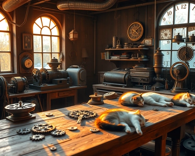 A cozy steampunk workshop at golden hour, with gears and clockwork scattered across a wooden workbench, warm light streaming through dusty windows, cats napping among the machinery