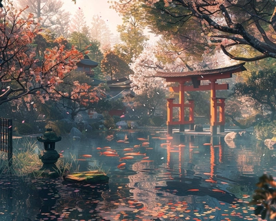 A serene Japanese garden in spring, featuring a traditional red torii gate surrounded by blooming cherry blossoms and a tranquil koi pond. The scene is bathed in soft, golden morning light, with gentle mist rising from the water. The art style should be inspired by Studio Ghibli, capturing the whimsical and detailed elements of nature. Use a wide-angle lens to encompass the entire garden, ensuring a sense of depth and tranquility.