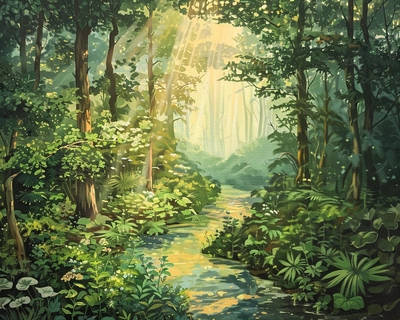 A tranquil forest scene at dawn with sun rays piercing through the dense canopy, casting a golden glow on the forest floor. A crystal-clear stream winds its way through the lush greenery, reflecting the morning light. The art style is inspired by the detailed and vibrant works of Claude Monet, with soft, impressionistic brushstrokes. Capture the scene with a wide-angle lens to encompass the depth and serenity of the forest.