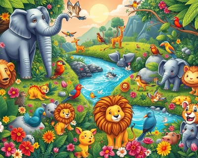 wildlife in natural habitat, cartoon style illustration, vibrant colors, fun and playful, clean bold lines, animated movie quality, highly detailed, rich textures, intricate details