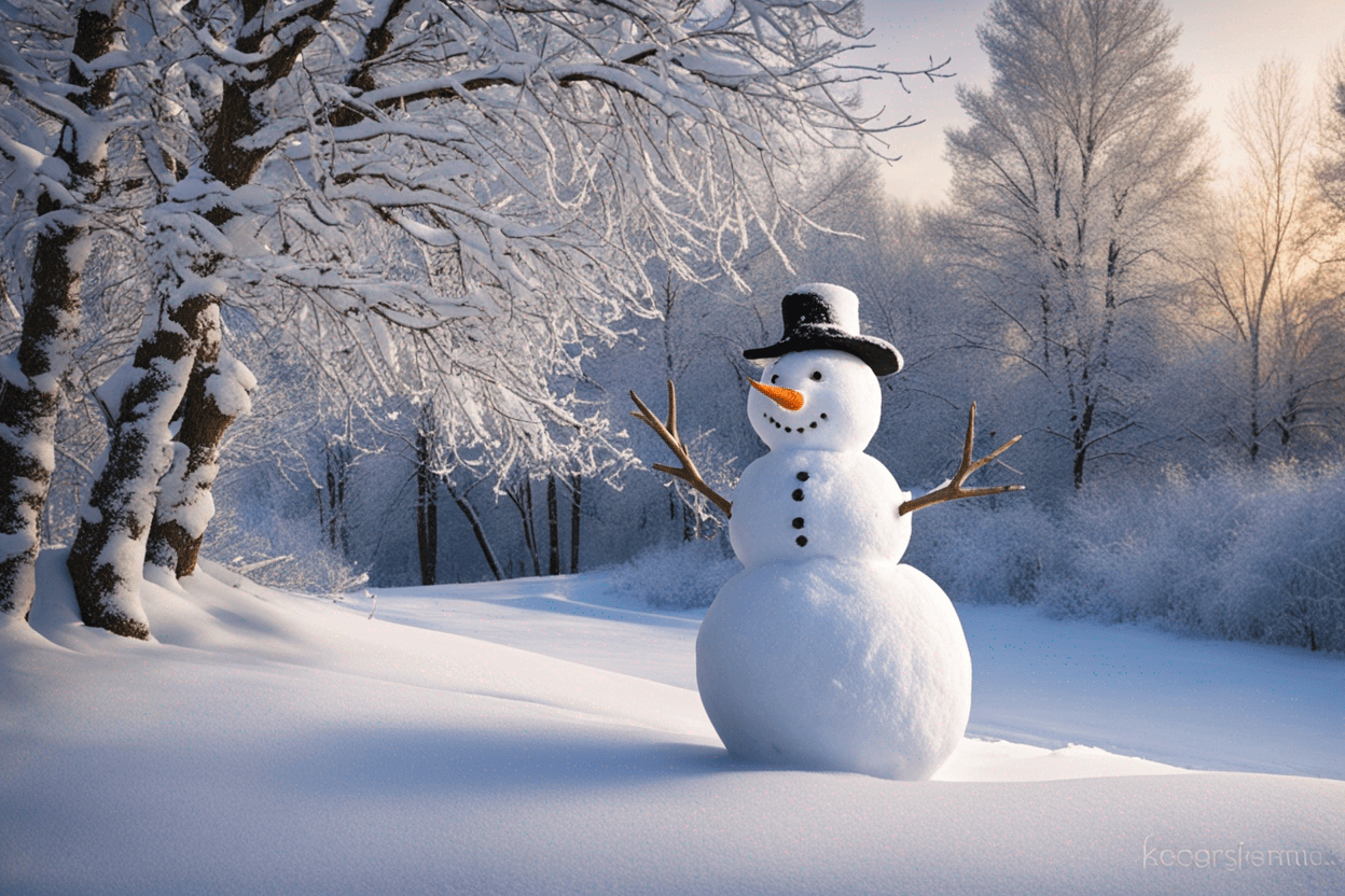 Picture of a snowman with bare snow covered trees in the background
