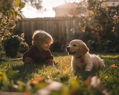 A picture of a golden retriever puppy and a kid playing together in their backyard