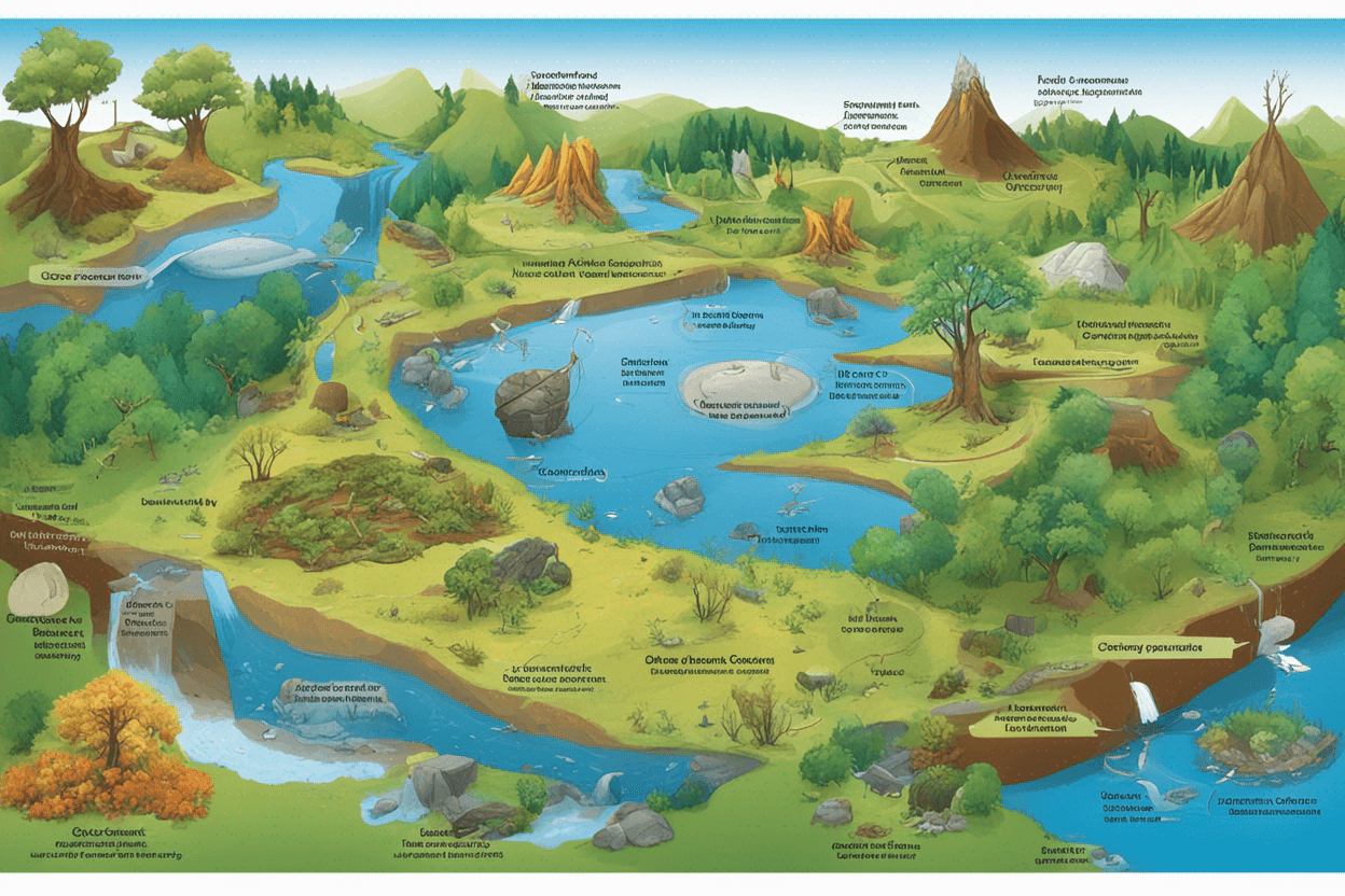 A picture of an ecosystem and its components for elementary