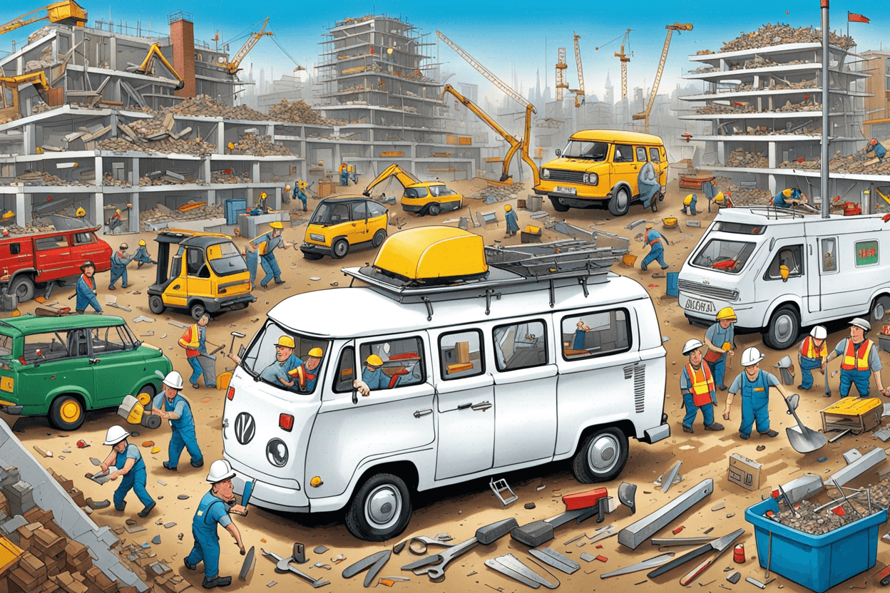 A white camper van drives over a construction site with tools falling out the back. In the background a 60 year old, grey haired, nearly bald builder appears 100 times all over the construction site. In the style of Jan van Haasteren puzzle. Very chaotic.