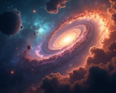 a cosmic outer space scene, cinematic photography, dramatic lighting, film still, anamorphic lens, color graded, 8k uhd, dramatic lighting, high contrast, deep shadows, earthy natural color palette, browns greens and warm neutrals, highly detailed, rich textures, intricate details