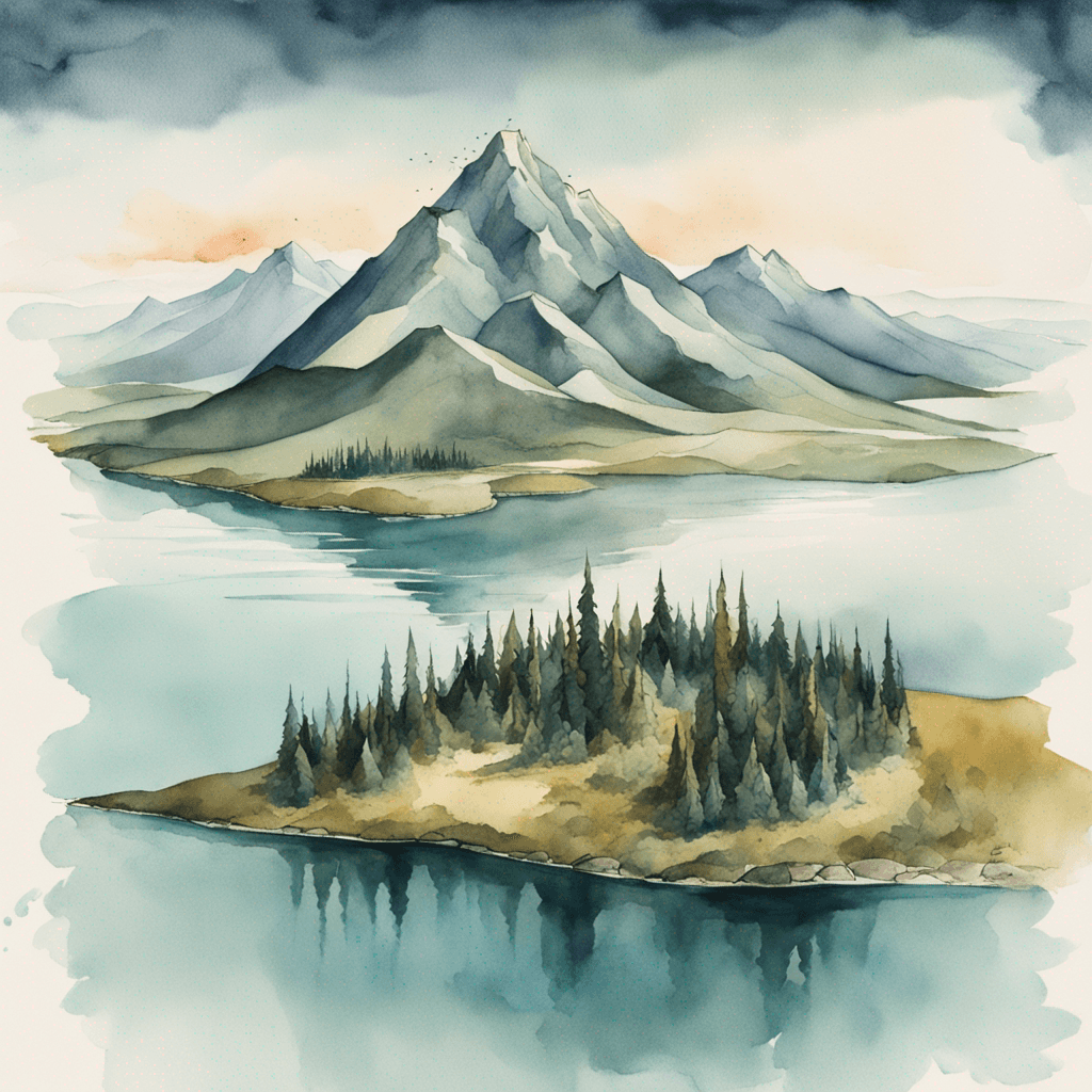 a picture of a surrealist landscape with a mountain range, a lake, and a forest, painted in a minimalist watercolor style. The image should be captured from a birds-eye view with a wide-angle lens at 4K resolution.