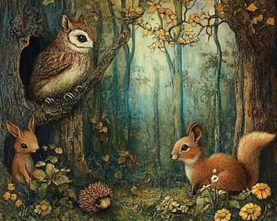 A forest in which a squirrel, an owl, a hare, a fox, a deer, a hedgehog hide.