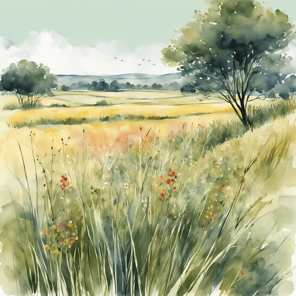 a picture of a meadow with tall grass, wildflowers, and a tree in the background. Watercolor and paper textured print, vector posters. Illustration, travel art minimal scene, birds eye view. 4K resolution and wide angle lens.