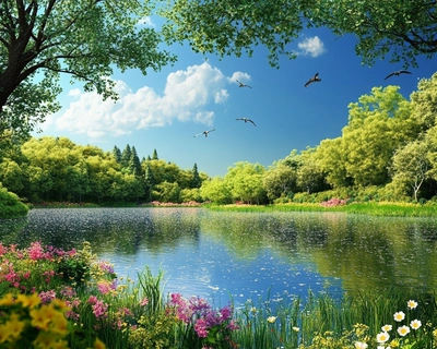 a picture of nature that includes water, trees, flowers, birds, grass