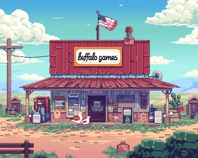 A picture of a country store that specializes in selling fried chicken, it’s country themed and in the style of “Buffalo Games” puzzles.  