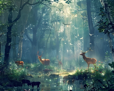 A picture of forest with lots of animals and rain pouring 