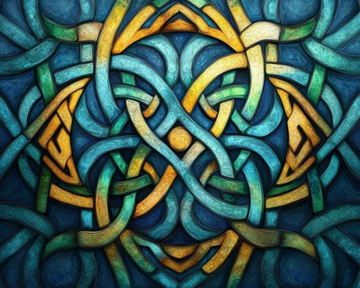 intricate celtic knot, blues, greens, yellows