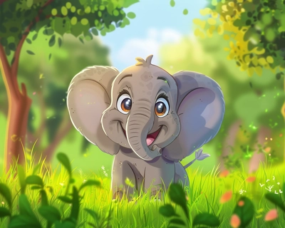a cute elephant caricature kids friendly, on green landscape with cute eyes perfect for a jigsaw puzzle and very eye catching for kids, it should look cartoonish and ultra cute with a cute smile