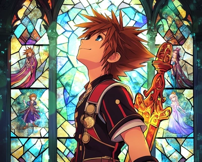 a picture of Sora from Kingdom hearts standing with his Kingdom Keyblade in his right hand and resting on his right shoulder, in front of a stained glass style background containing windows with disney princesses