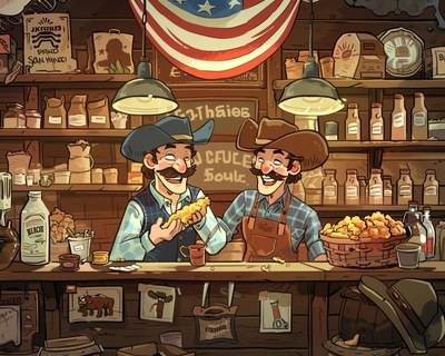 A picture of a country store that sells fried chicken, had an American flag, is cluttered with country themed items, two cowboy friends laughing over fried chicken, cartoon style