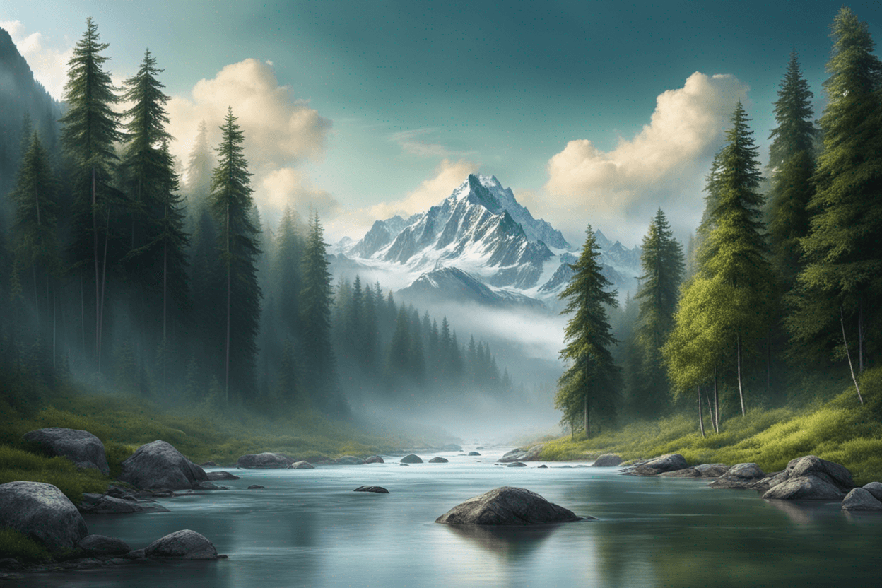 Breathtaking mountain range with a clear river running through it, surrounded by tall trees and misty clouds, serene, peaceful, mountain landscape, high detail