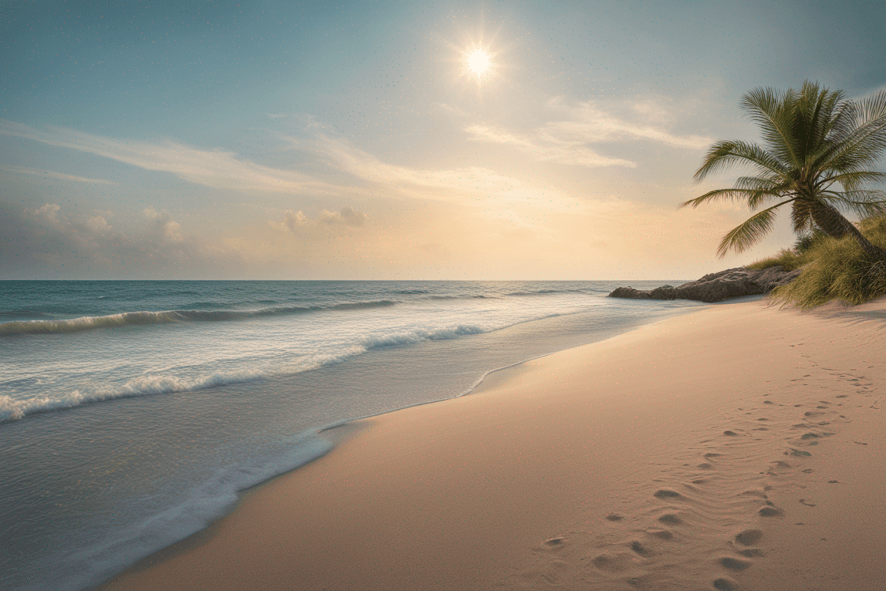 a picture of a peaceful beach scene with a single palm tree, rendered in a soft, impressionist style, taken with a wide angle lens and 4K resolution.