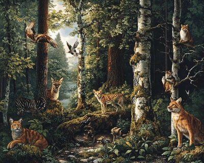 a picture of wild forest animals that are located in, under, behind the trees, bushes. 
