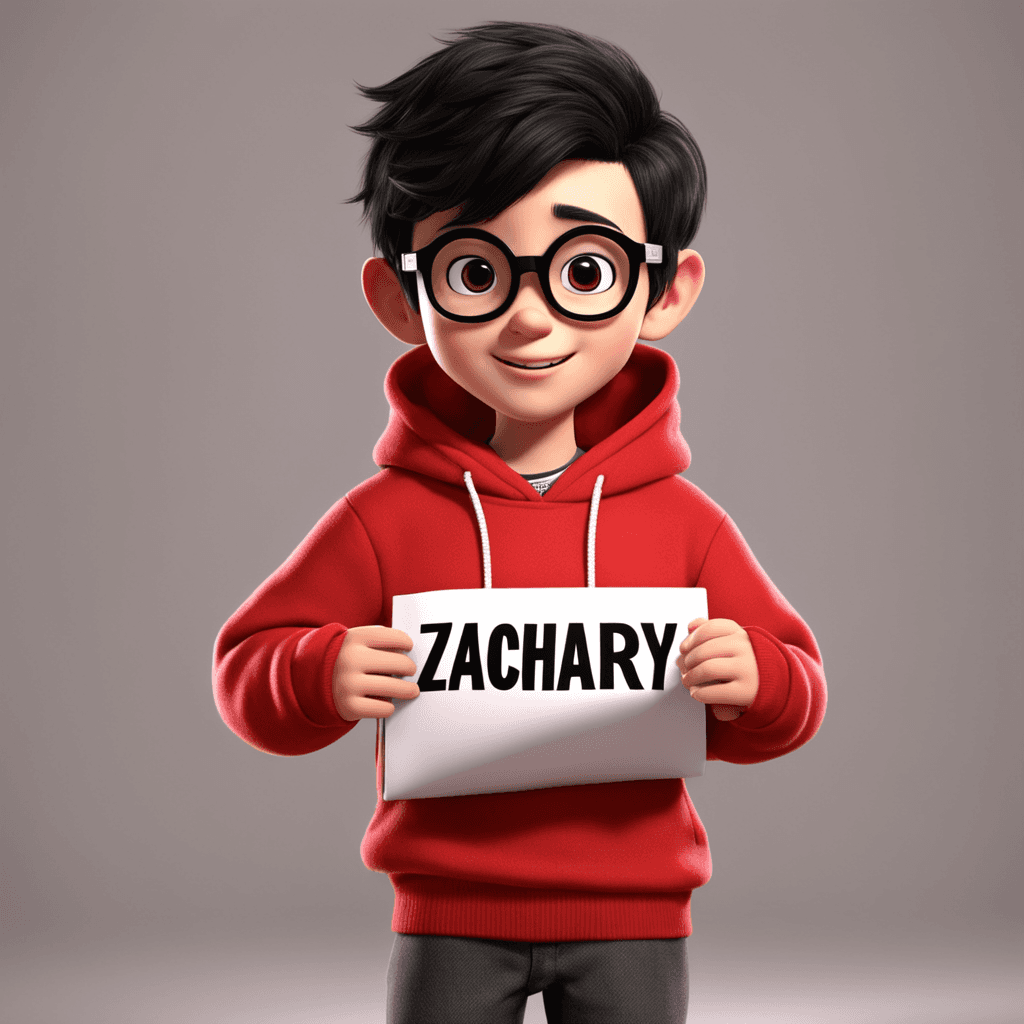 "Pixar style, Cute cartoon style of smart young boy with smile front wearing red hoodie and eyeglasses written "Zachary" normal eyes and black hair, photo, 3d render, fashion "