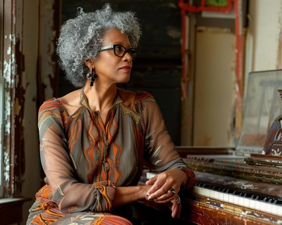 An African-American woman around the age of 55 with a short gray and black coily Afro i’m wearing black framed cat eyeglasses, and wearing a 60s inspired short dress she is sitting on her bench in front of her old brown vintage upright Piano with her hands folded in her lap and gazing out of the window