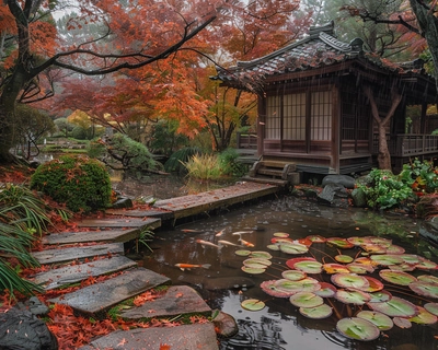 A serene Japanese garden in the heart of autumn, with vibrant red and orange maple leaves falling gently onto a stone pathway. The garden features a traditional wooden tea house, a koi pond with lily pads, and a small arched bridge. The scene is captured in the style of Katsushika Hokusai, with delicate brushstrokes and a harmonious color palette. The image is taken with a wide-angle lens to encompass the entire landscape, emphasizing the tranquility and natural beauty of the setting.