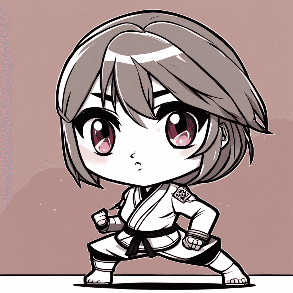  An anime-style illustration of a chibi Latina Tatiana in rosa tones, standing in a fight stance. She is wearing a martial arts uniform, and her eyes are determined.