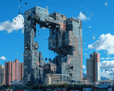 a super realistic picture of the 85 building in Kaohsiung, Taiwan. There is a blue sky backdrop and the image is made up of clear jigsaw pieces with a few missing pieces in different parts of the image. The missing pieces are jet black. 
