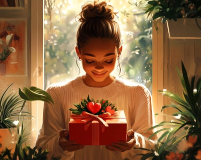 a picture of a girl opening her Valentines gift
