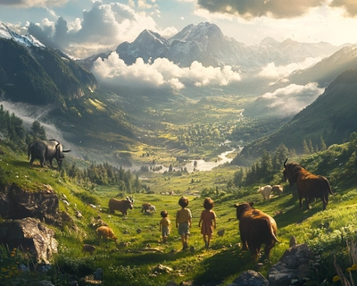 A picture of 3 children that are walking in a valley with all kind of dangerous animals, but they are not afraid.