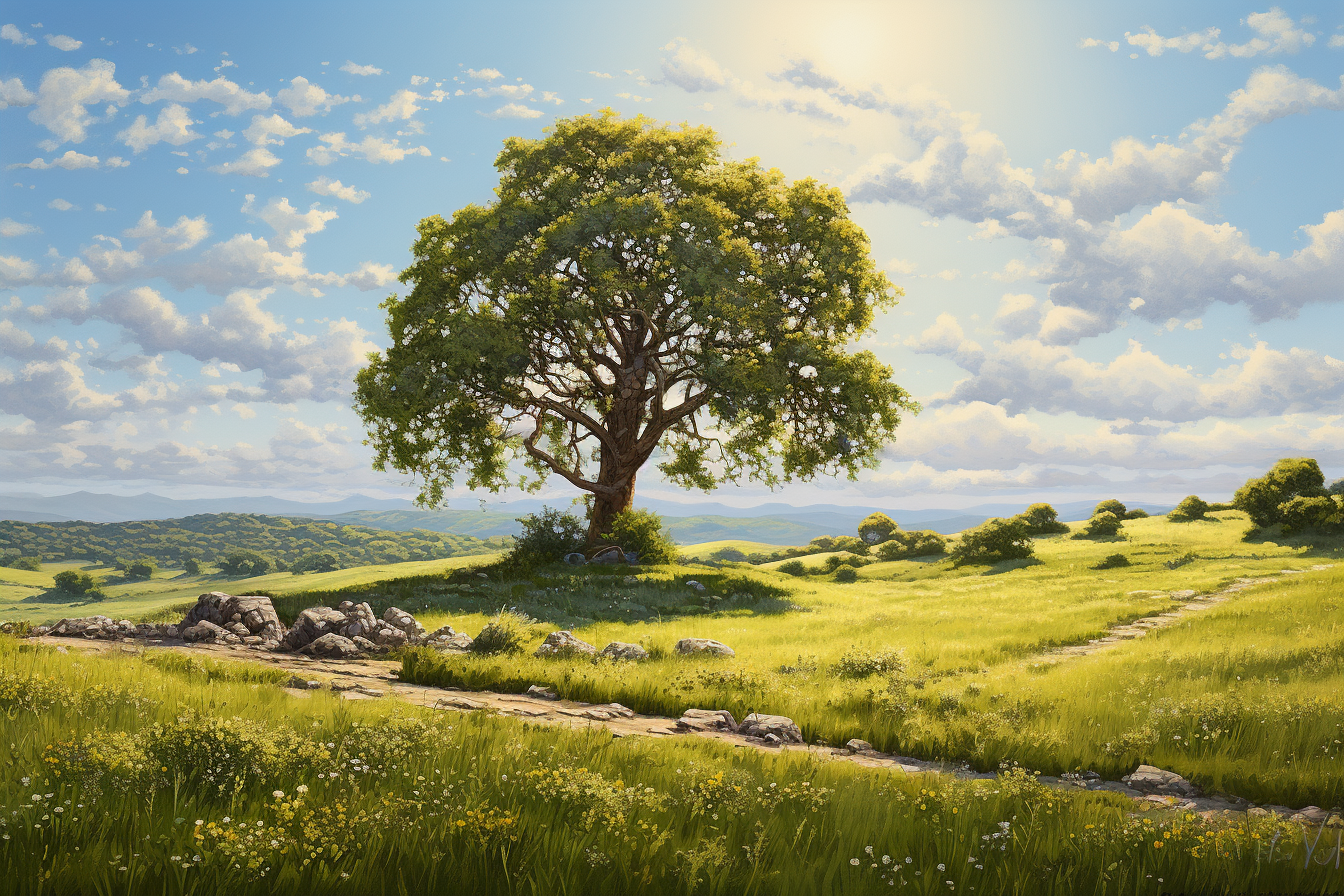 a picture of a sunlit meadow with a single tree in the foreground, painted in a hyperrealistic style with oil on canvas, shot with a telephoto lens at 4K resolution.