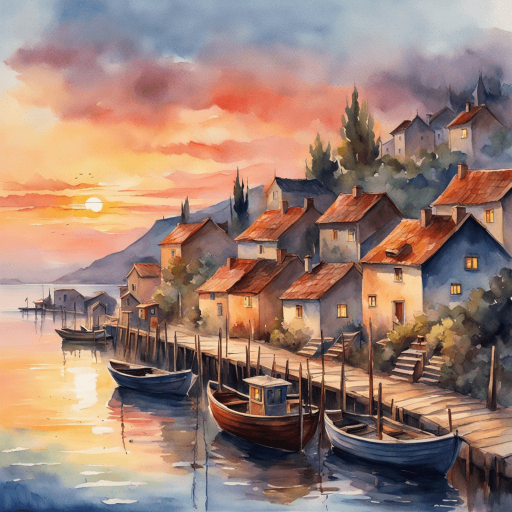 a picture of a small fishing village at sunset. Watercolor painting with vibrant colors, soft edges and a dreamy atmosphere. Wide angle lens, 4K resolution, inspired by the works of Monet.