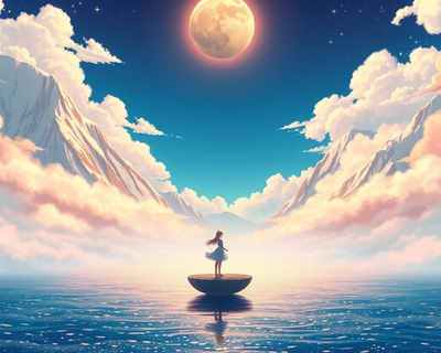 "A photograph depicting a solitary figure poised upon a diminutive, floating platform adrift within a tranquil expanse of water, encircled by ethereal mist and the majestic presence of towering, snow-capped mountains; the azure sky above is adorned with gentle, billowy clouds, while a colossal celestial body graces the backdrop, imbuing the scene with an otherworldly, dreamlike quality, illuminated by a warm, golden light." The composition is centered on the figure and platform, with the mountains acting as a dramatic, yet distant, frame. Subtle warm hues of orange and pink gently wash across the mist and the snow-capped peaks, creating a sense of peaceful grandeur., anime art style, Studio Ghibli inspired, beautiful anime illustration, detailed anime scenery, highly detailed, rich textures, intricate details
