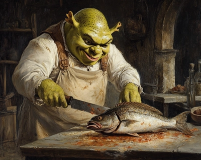 shrek chopping a fish with a knife 
