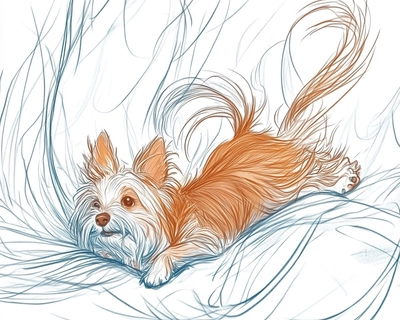 sketch of an adorable little Yorkshire Terrier laying on its back, head up and legs in the air, sleeping on top of bed. The dog has long hair with light brown fur and is about two inches tall at the shoulder. It appears to be resting after playing or running around playfully. Its body conveys relaxation as it rests, its limbs casually spread out above it. It's a cozy scene that captures both the playful nature of dogs and their restful side. --chaos 17 --personalize p7a3lwq --stylize 454 --weird 505