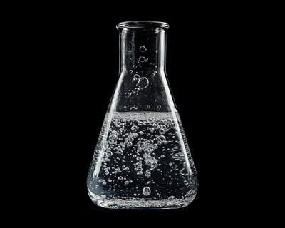 A chemistry beaker with water as the solvent and small solven particles