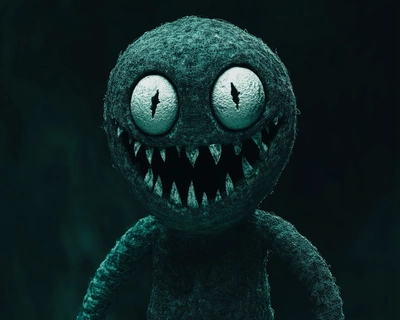 A picture of a scary halloween monster that is green, with white bulging eyes.  The background is black. 