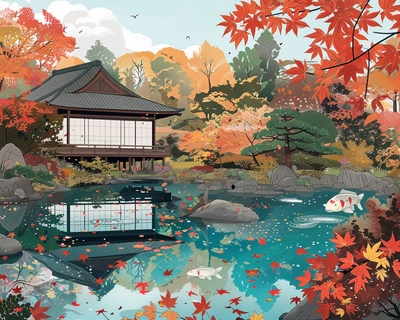 A serene Japanese garden in the midst of autumn, with vibrant red and orange maple leaves gently falling, a tranquil koi pond reflecting the colorful foliage, and a traditional wooden tea house in the background. The scene is captured in the style of ukiyo-e woodblock prints, inspired by artists like Katsushika Hokusai and Utagawa Hiroshige, with a soft, ethereal quality. Use a wide-angle lens to encompass the entire garden and create a sense of peaceful vastness.