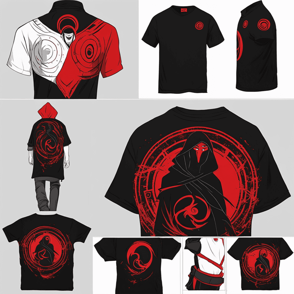 Design a captivating Itachi Uchiha T-shirt that embodies his enigmatic persona on the 'Midjourney.' Incorporate crows, the Sharingan, and a dominant red color theme to evoke his presence. Add elements of fire to symbolize his prowess and complexity as a character. Make it a design that captures the essence of Itachi's mystique and power.